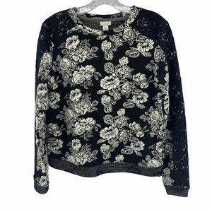 Hinge  Women’s Top Small Black White Floral Lace Print Sweatshirt Cottagecore